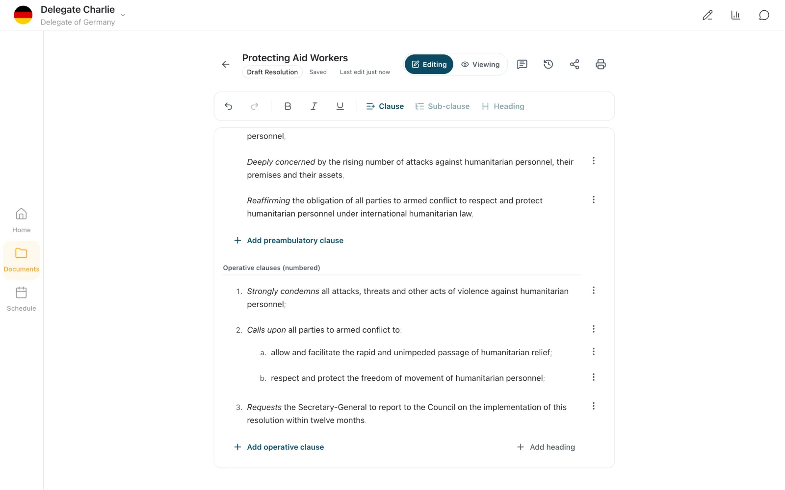 A draft resolution on protecting aid workers with preambulatory clauses, operative clauses 1 to 3, sub-clauses a and b, and grey end punctuation
