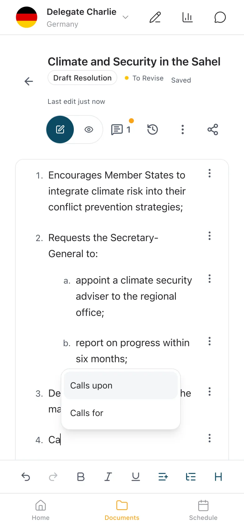 The editor on a phone: Calls upon and Calls for offered for a fourth operative clause, with the formatting bar docked at the bottom
